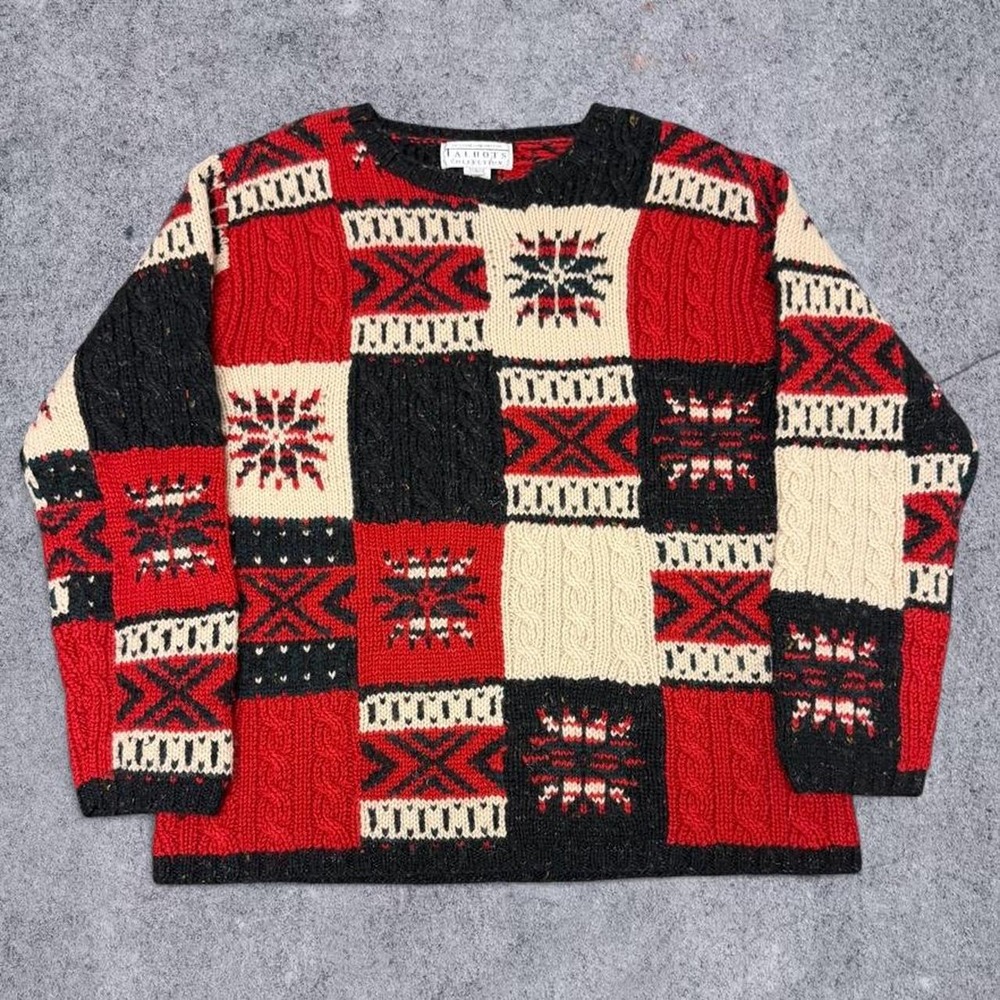 Talbots Vintage Wool Mohair Patchwork Snowflake Cable Knit Sweater Red Black L